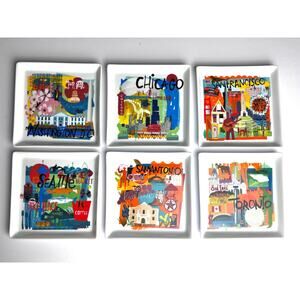 Set of 6 Crate & Barrel Road Trip Small Square Plates Boxed Colorful Stylized